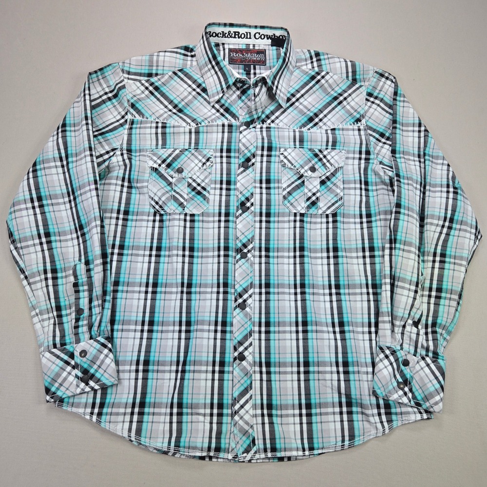 Rock‎ & Roll Cowboy Mens Turquoise Plaid Western Pearl Snap Shirt B2S3004 Large